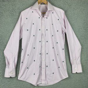 G/Fore Mens Shirt Skull Bones Sz M White Pink Striped Button Embroidered Stretch